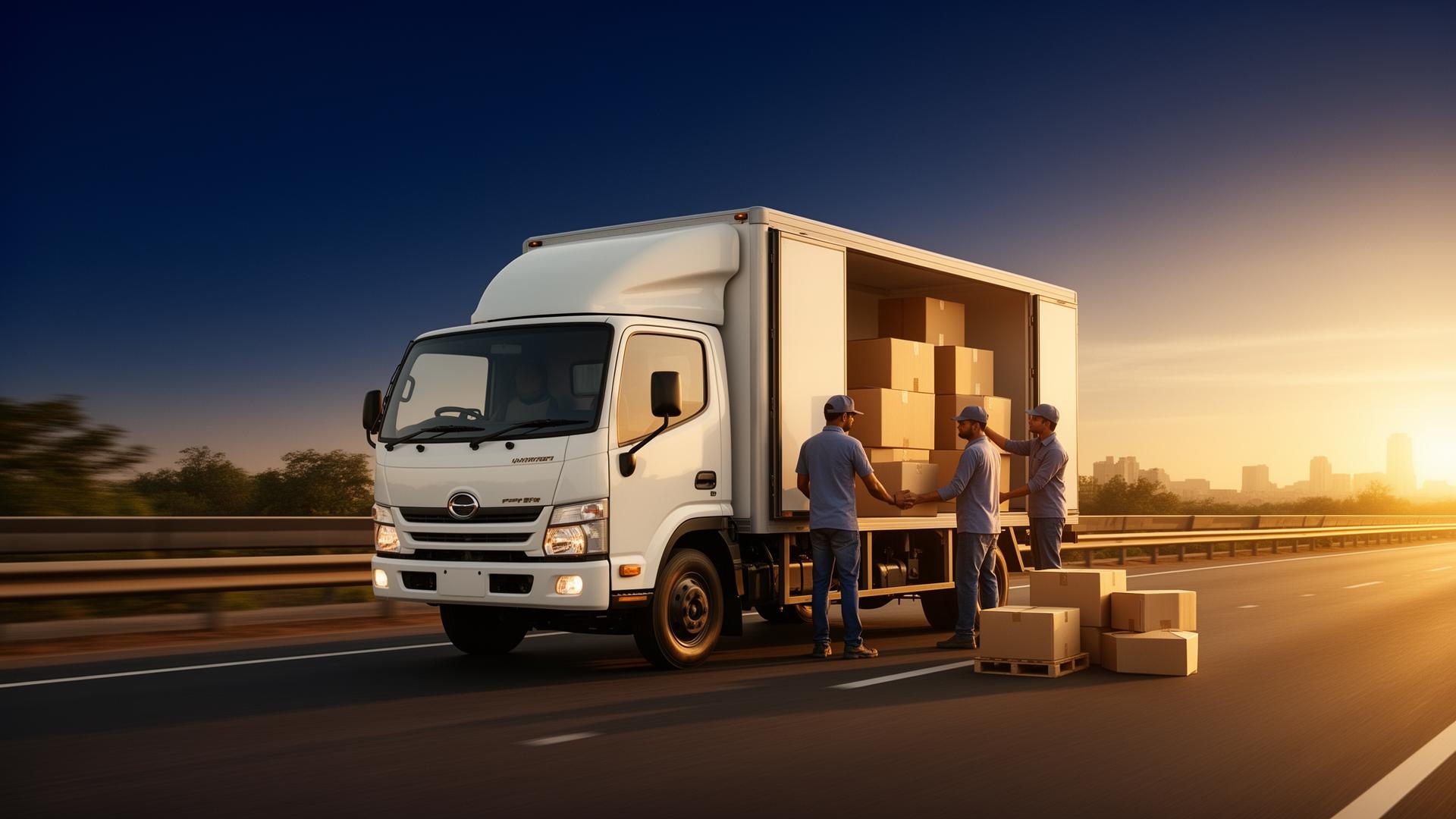 Swaraj Prime Packers and Movers truck on Hyderabad highway at golden hour