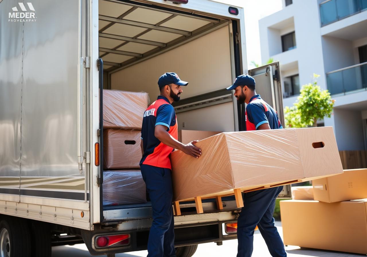 Swaraj Prime uniformed crew loading wrapped furniture into a moving truck in Hyderabad